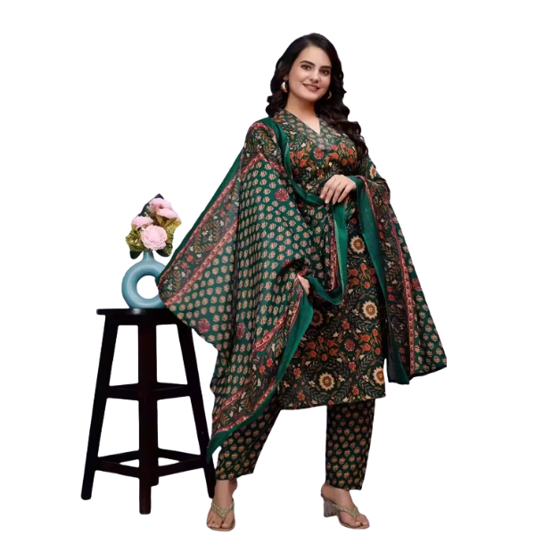 Stylish Green Floral Printed Kurta Pant with Dupatta Set for Women